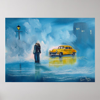 Gele taxiregenachtige dag romantisch koppel schild poster
