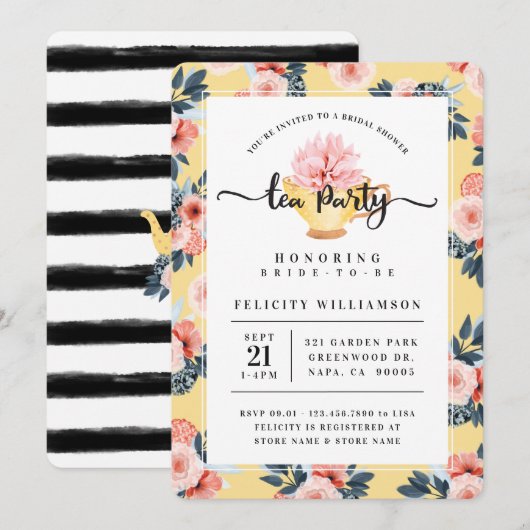 Gele Teacup Tea Party Bridal Shower Uitnodiging (Voorkant / Achterkant)