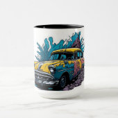 Gele & Teal Vintage verf spat auto Mok (Midden)