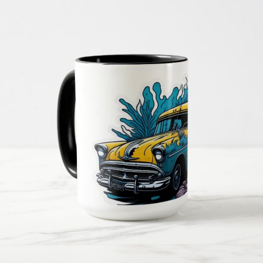 Gele & Teal Vintage verf spat auto Mok (Voorkant links)