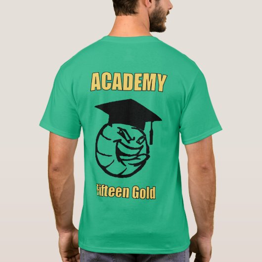 gele tekst en bal op achterzijde t-shirt (Achterkant)