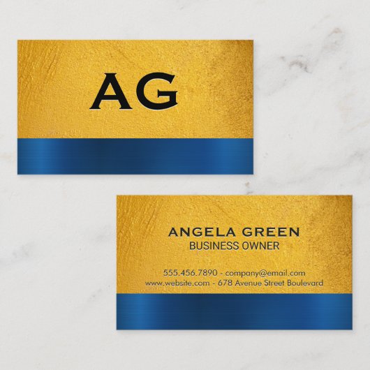 Gele textuur | Monogram blauw metallisch textiel Visitekaartje (Voorkant / Achterkant)