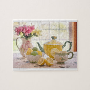 Gele Theepot en Bloemen Stilleven Foto Legpuzzel