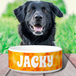 Gele Tie Dye Gepersonaliseerde Hond of Kat Naam Bo Voerbakje