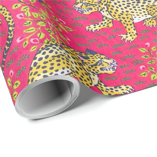 Gele Tijger Op Roze Achtergrond Bloemen Cadeaupapier (Rol Hoek)