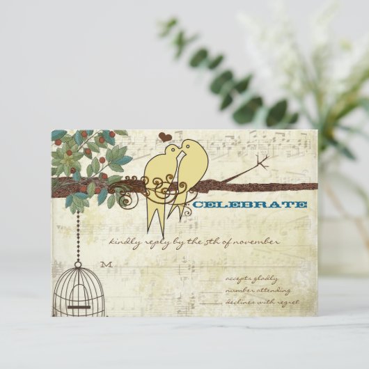 Gele Tortelduifjes die in een Boom RSVP zitten Kaart (Staand voorkant)