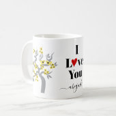 Gele Tortelduifjes, grijze kersboom met bloesems Koffiemok (Voorkant links)