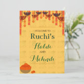 Gele traditionele Haldi en mehndi ceremonie Kaart (Staand voorkant)