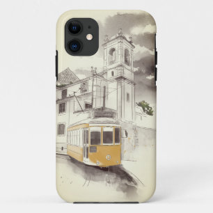 Gele tram in zwart-wit Waterverf landschap Case-Mate iPhone Case