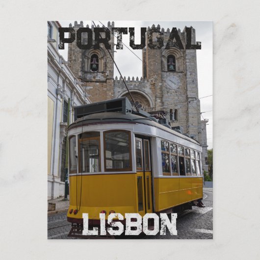 Gele tram op de kathedraal van Lissabon in Portuga Briefkaart (Voorkant)