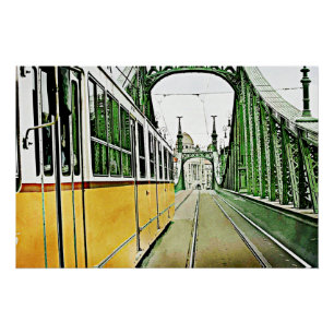 gele tram op de Liberty-brug - Budaoest Perfect Poster