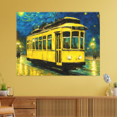gele tram op een sterrennacht - Budapest Canvas Afdruk (Insitu (Woonkamer))