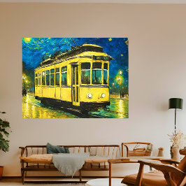 gele tram op een sterrennacht - Budapest Canvas Afdruk