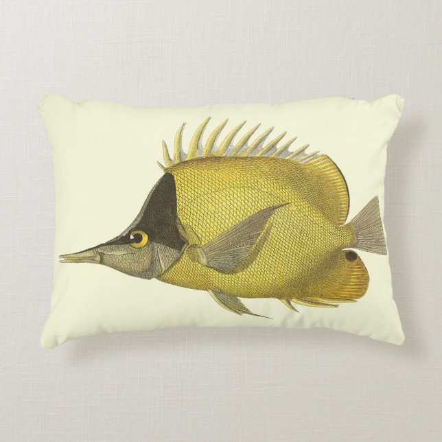 Gele Tropische Chelmon Longirostris, Vintage Vis Accent Kussen (Voorkant)
