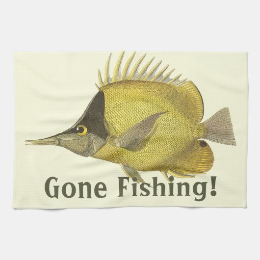 Gele Tropische Chelmon Longirostris, Vintage Vis Theedoek (Horizontaal)