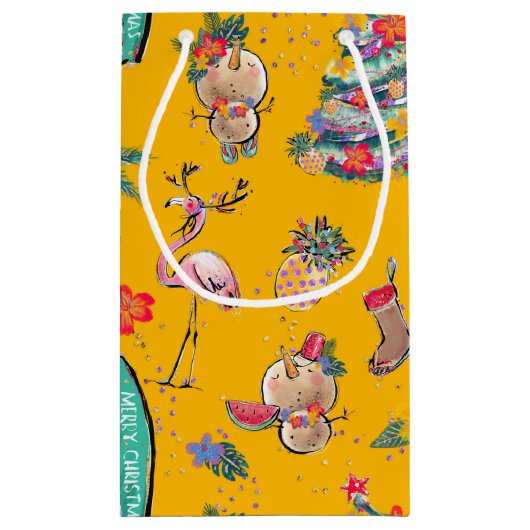 Gele Tropische Santa Gift Bag Klein Cadeauzakje (Achterkant)