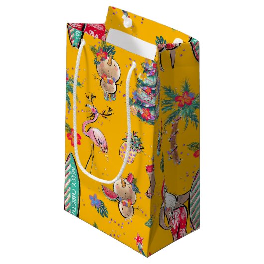 Gele Tropische Santa Gift Bag Klein Cadeauzakje (Voorkant Gekanteld)