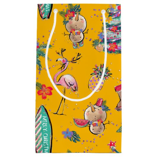 Gele Tropische Santa Gift Bag Klein Cadeauzakje (Voorkant)