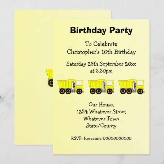 Gele Truck Design Boy's Verjaardagsfeest Kaart (Voorkant / Achterkant)