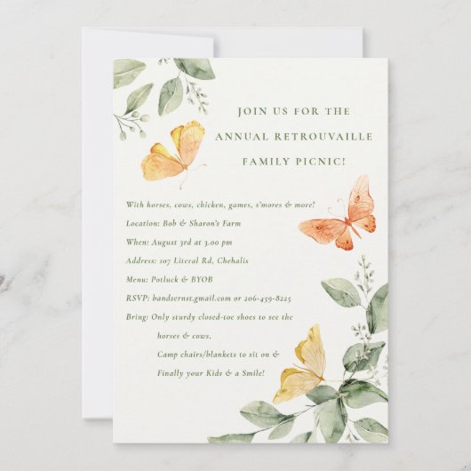 Gele Tuin Loof Vlinders Jaarlijkse Picknick Kaart (Voorkant)