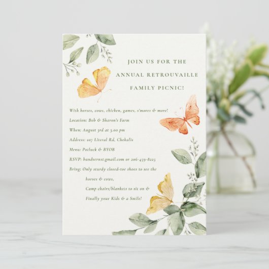 Gele Tuin Loof Vlinders Jaarlijkse Picknick Kaart (Staand voorkant)