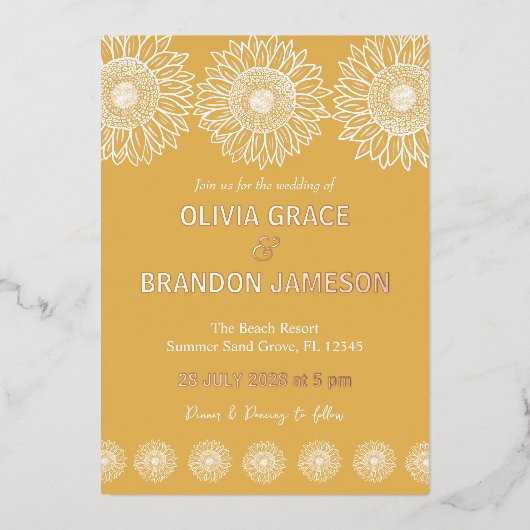 Gele Tuin Zonnebloemen Moderne Bloemen Bruiloft Folie Uitnodiging (Voorkant)
