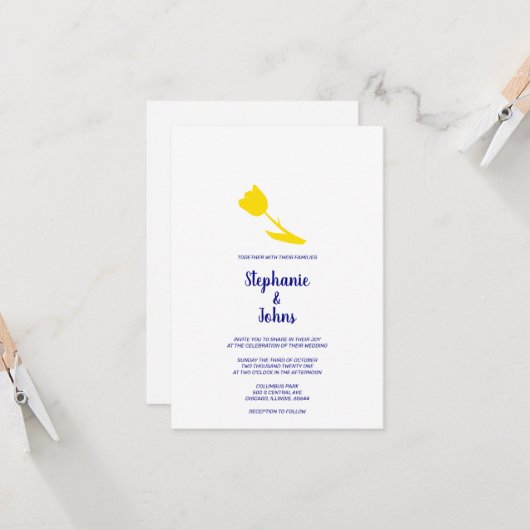 Gele Tulip Floral Navy Blue White Weddenschap Kaart (Voorkant / Achterkant in situ)