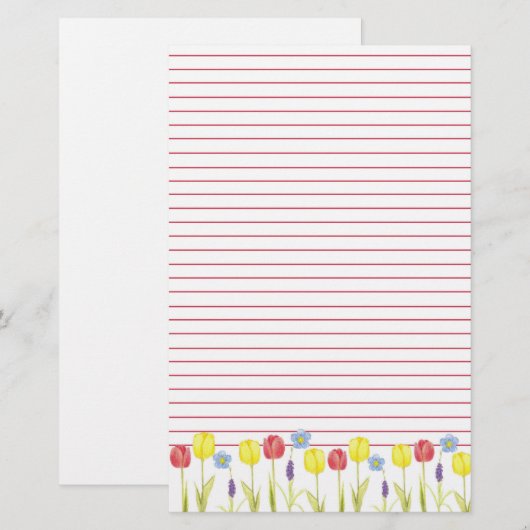 Gele Tulp Bloem Tuin Rode Lijn Briefpapier (Voorkant / Achterkant)
