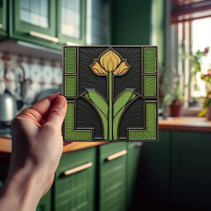 Gele Tulp Geometrische Bloem Mid-Century Tegeltje