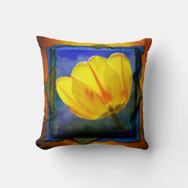 Gele Tulp op Blauw Groene Oranje Grunge Pillow Kussen (Voorkant)