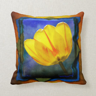Gele Tulp op Blauwe Groene Oranje Grunge Kussen