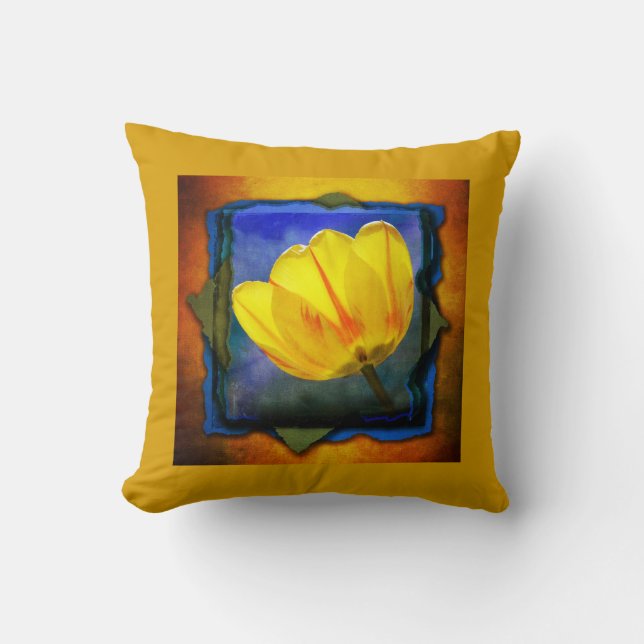 Gele Tulp op Blauwe Groene Oranje Grunge Kussen (Voorkant)