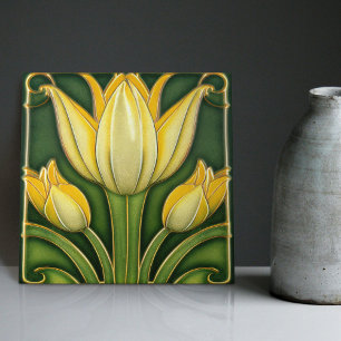 Gele Tulp Symmetrische Wanddecoratie Art Nouveau Tegeltje