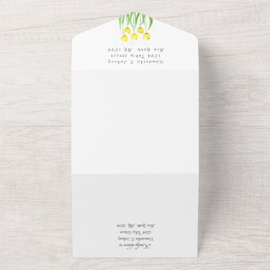 Gele Tulpen Bloemen Waterverf Lente Bruiloft All In One Uitnodiging (Buitenkant)