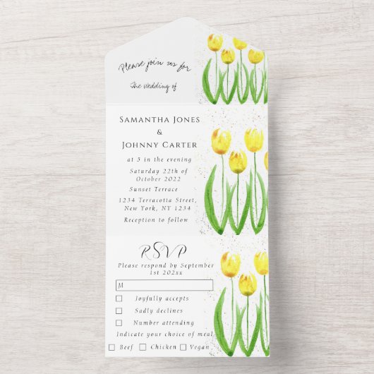 Gele Tulpen Bloemen Waterverf Lente Bruiloft All In One Uitnodiging (Binnen)