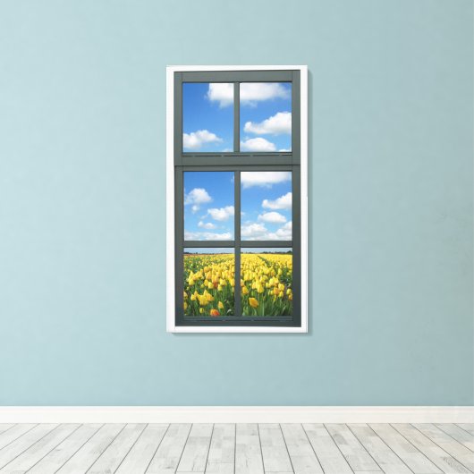 Gele Tulpen Faux Venster Uitzicht Canvas Afdruk (Insitu (Houten vloer))