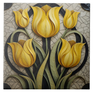Gele Tulpen Floral Art Nouveau Geïnspireerde Natuu Tegeltje