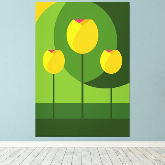 Gele Tulpen Groene Achtergrond | Bloemen Canvas Afdruk (Insitu (Houten vloer))