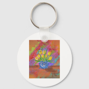 Gele tulpen in een blauwe kom sticker sleutelhanger