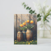 Gele Tulpen in Rustieke Cannisters Art Briefkaart (Staand voorkant)