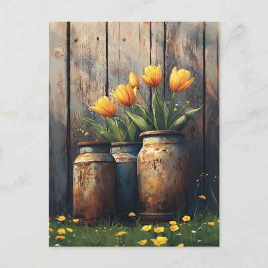 Gele Tulpen in Rustieke Cannisters Art Briefkaart (Voorkant)