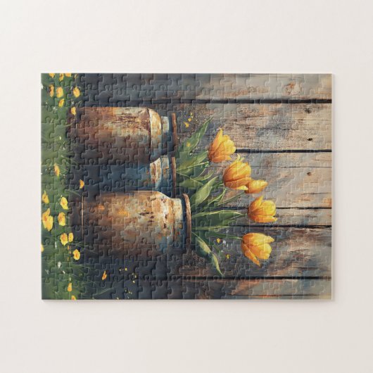 Gele Tulpen in Rustieke Cannisters Art Legpuzzel (Horizontaal)