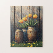 Gele Tulpen in Rustieke Cannisters Art Legpuzzel (Verticaal)
