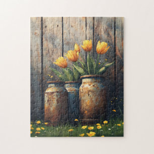 Gele Tulpen in Rustieke Cannisters Art Legpuzzel