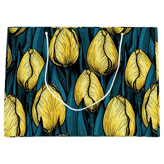 Gele tulpen met blauwe bladeren groot cadeauzakje (Voorkant)