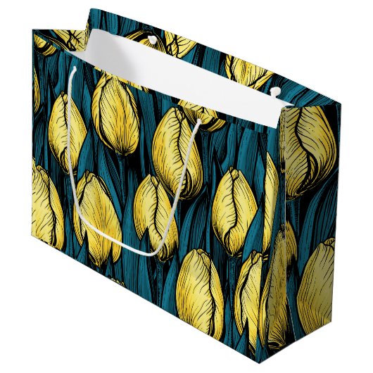 Gele tulpen met blauwe bladeren groot cadeauzakje (Voorkant Gekanteld)