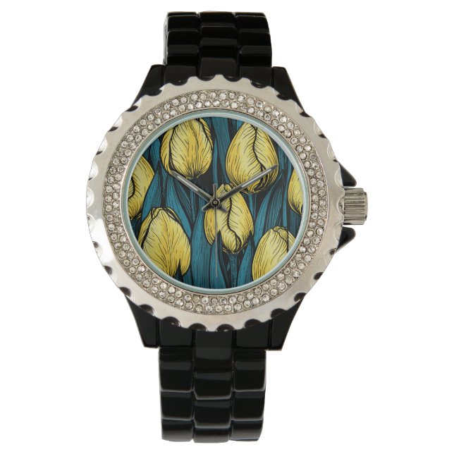 Gele tulpen met blauwe bladeren horloge (Voorkant)