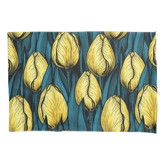 Gele tulpen met blauwe bladeren kussensloop (Voorkant-Links)