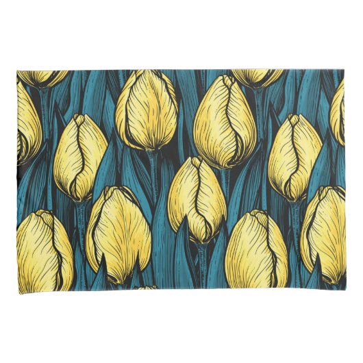 Gele tulpen met blauwe bladeren kussensloop (Voorkant-Rechts)