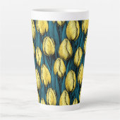 Gele tulpen met blauwe bladeren latte mok (Voorkant)